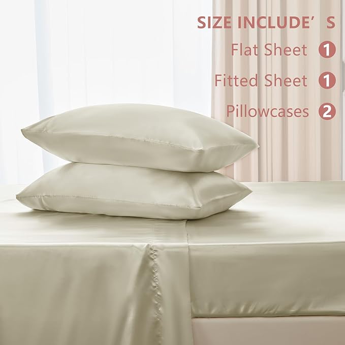 CozyLux Satin Sheets King Size Sheet Set - 4 Piece Silky King Sheets, Luxury Cream King Bed Set with Smooth and Soft Microfiber, Includes 1 Fitted Sheet, 1 Flat Sheet and 2 Pillowcases