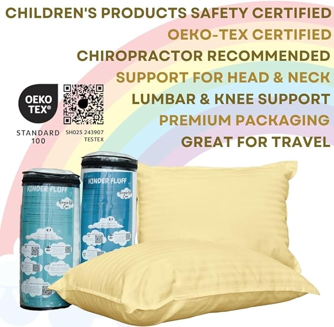 kinder Fluff Toddler Pillow 2X–Certified Hypoallergenic Award Winning Baby Pillow (no Pillowcase Needed) 300TC Pure Cotton Shell and Down Alternative Fill. Toddler Bedding Kids Pillow 4+ Yellow