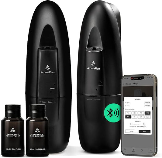 AromaPlan 5 Star Collection Plug in Waterless Diffuser (2 Devices +2 Scents Included)-Cold Air & Waterless Diffusers for Home & Office- Silent Wall Diffuser Plug in, Bluetooth App Control, 1000 sq.ft