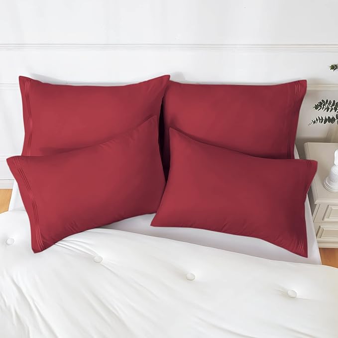 YIYEA California King Pillow Cases Set of 4, Ultra Soft 1800TC Hotel Quality Double Brushed Microfiber Embroidered Pillowcases, Envelope Closure, Fade Resistant (20"x40", Burgundy)