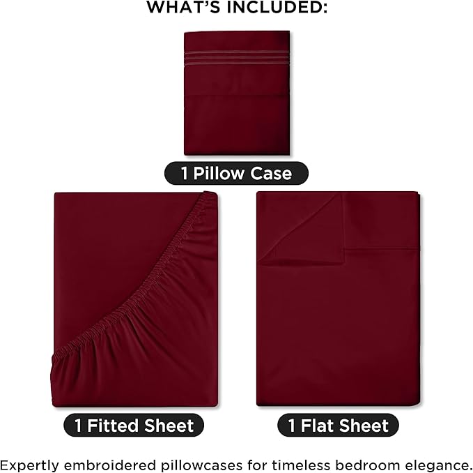 ROYALE LINENS 3 Piece Twin XL Sheets Set - Soft Brushed 1800 Microfiber Bedding - 1 Fitted, 1 Flat Sheet, 1 Pillow case - Wrinkle Free & Fade Resistant - Hotel Luxury Bed Sheets (Burgundy, Twin XL)