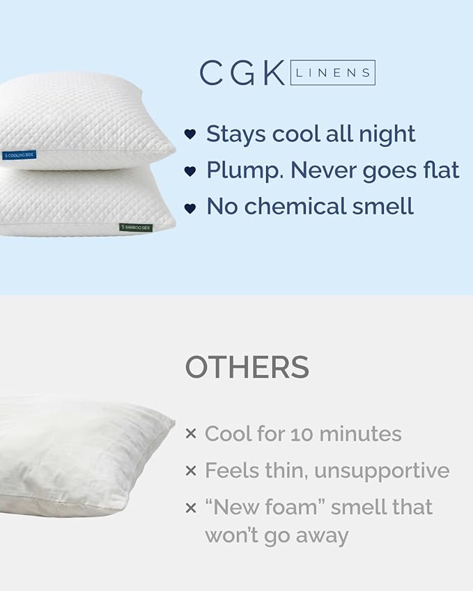 Cooling Pillow Standard Size Set of 2 - Breathable Cooling Bed Pillows for Hot Sleepers - Adjustable Shredded Memory Foam - Soft or Firm, Supportive for Side, Back & Stomach Sleepers - Washable Cover