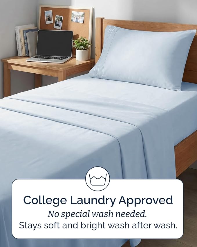 Twin XL 4 Piece Sheet Set - Comfy Breathable & Cooling - Hotel Luxury Bedding for Women, Men, Kids, Teens & Children - 1 Flat & 1 Fitted Sheet & 2 Pillowcases w/ Deep Pockets - Wrinkle Free - Sky Blue