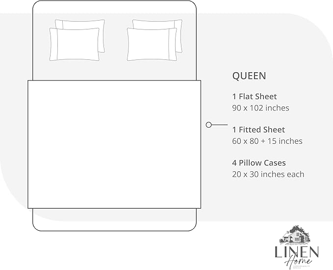 Linen Home 100% Cotton Percale Sheet Set, Queen Size, Snow White, Deep Pocket, 6 Pieces Set - 1 Flat, 1 Deep Pocket Fitted Sheet and 4 Pillowcases, Crisp Cool and Strong Bed Linen