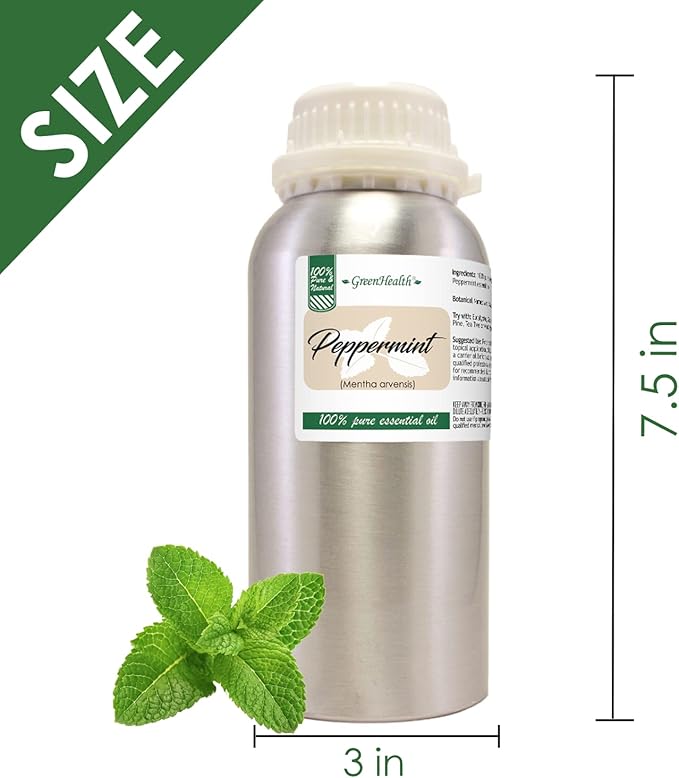 GreenHealth Peppermint Essential Oil – 2 Pack (16 fl oz Each) – 100% Pure & Uncut – Strong Menthol Scent – Aluminum Bottles for Diffusers, Cleaning, DIY Use