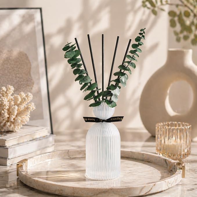 Airkeep Reed Diffuser Set 6.76 oz – White Flower Home Fragrance with Eucalyptus Sticks – Decorative Glass Bottle for Bathroom, Bedroom & Living Room Décor – Gift Ready