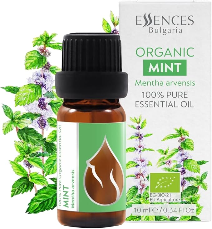 Organic Mint Essential Oil 1/3 Fl Oz (10ml) Mentha arvensis - 100% Pure Natural and Undiluted Therapeutic Aromatherapy Diffuser Fresh Aroma Muscle Cooling Massage Head Tention Relief