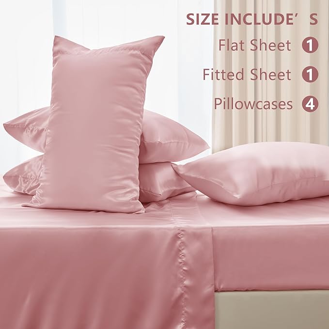 CozyLux Satin Sheets Queen Size Bed Set - 6 Piece Silky Queen Sheet Set, Luxury Dirty Pink Queen Sheets with Smooth and Soft Microfiber, Includes 1 Fitted Sheet, 1 Flat Sheet and 4 Pillowcases