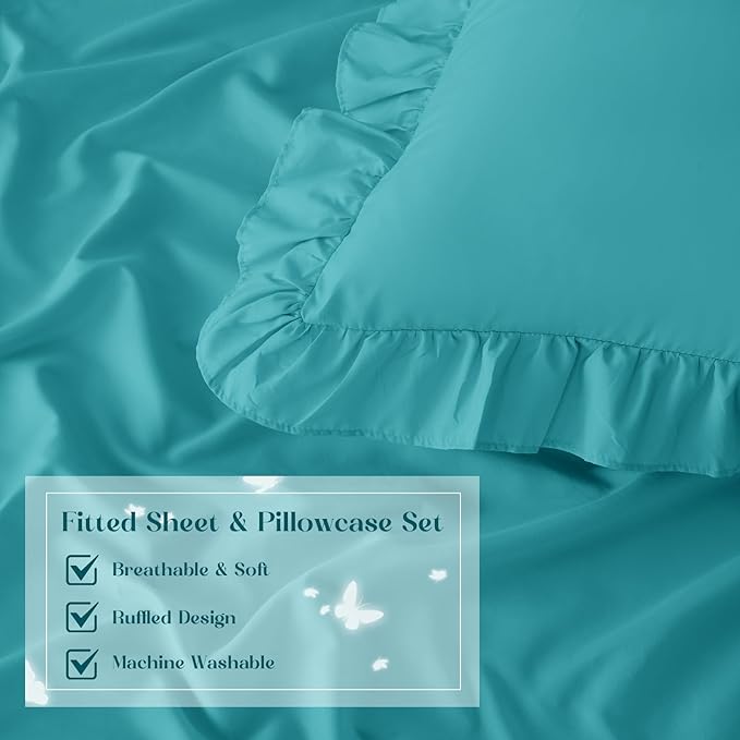 Homiest 3-Pieces Ruffle Pillow Case & Fitted Sheet Set, Teal Blue Full Sheets with 2 Ruffled Pillow Shams, 15 Inch Deep Pocket, Cute & Coquette Microfiber Bed Set for Decorating Bedroom Hotel