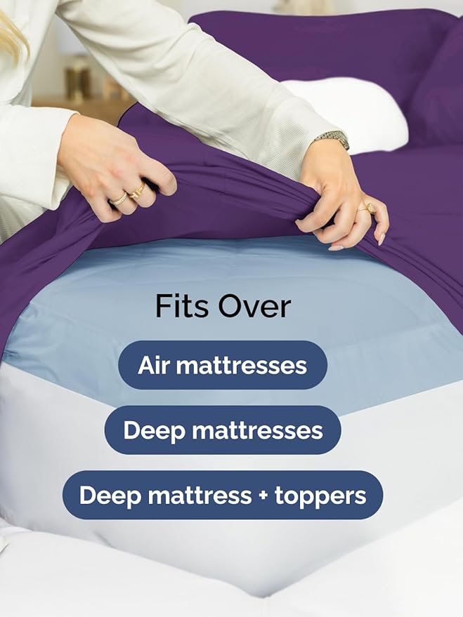 Extra Deep Queen Sheet Set - 4 Piece Breathable & Cooling Bed Sheets - Easily Fits 18 to 24 inch Mattress - Ultra Soft, Wrinkle & Fade Free w/ Extra Deep Pockets - Comfy Hotel Luxury Bedding - Purple