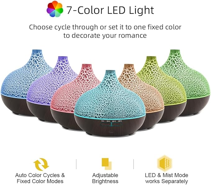 Aromatherapy Diffuser & 6 Essential Oils Set, 400ml Diffuser Ultrasonic Diffuser Cool Mist Humidifier with 4 Timers 7 Colors Light Waterless Auto Off for Large Room Office