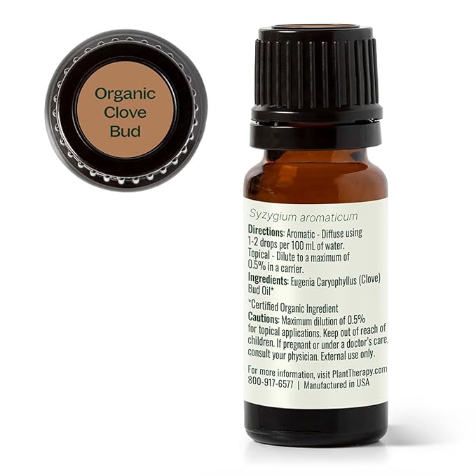 Plant Therapy Organic Clove Bud Essential Oil, 10 mL (1/3 oz), 100% Pure and Undiluted, USDA Certified Organic, Fresh and Spicy Scent, Great for Aromatherapy