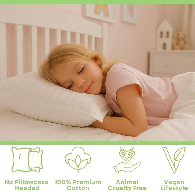 kinder Fluff Toddler Pillow 2X–Certified Hypoallergenic Award Winning Baby Pillow (no Pillowcase Needed) 300TC Pure Cotton Shell and Down Alternative Fill. Toddler Bedding Kids Pillow 4+ Green