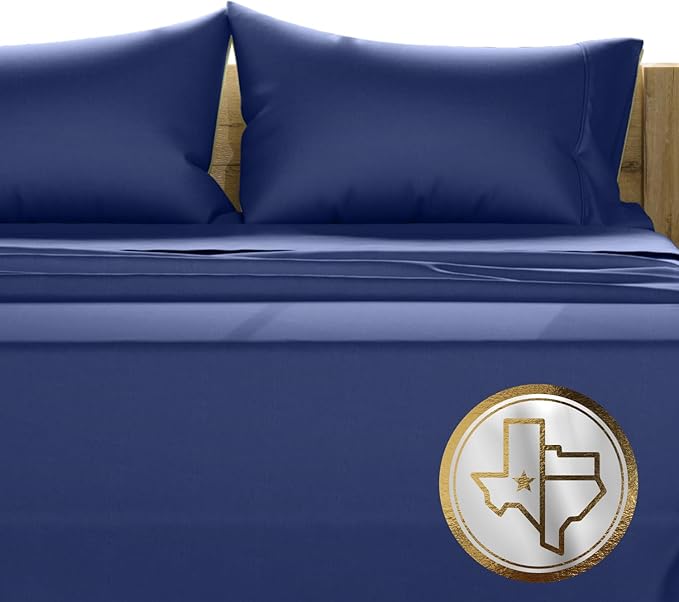 TEXAS LINEN CO. 100% Egyptian Cotton Sheets California King Size - Luxury 1500 Series Couture Comfortin' Collection Cal King Sheet Set Egyptian Cotton, (4 PC, Navy Blue), 17" Deep Pocket Bedsheet Set