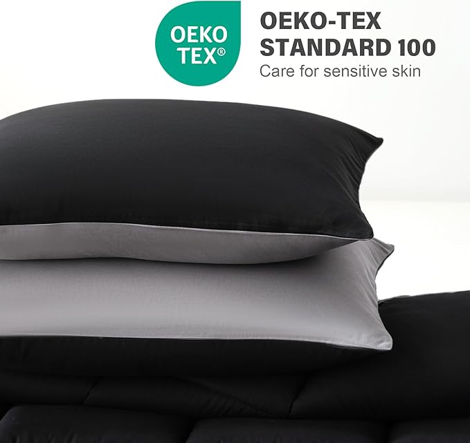 Decroom Lightweight Full Comforter Set with 2 Pillow Sham - 3 Pieces Set - Quilted Down Alternative Comforter/Duvet Insert for All Season - Black/Grey - Full Size
