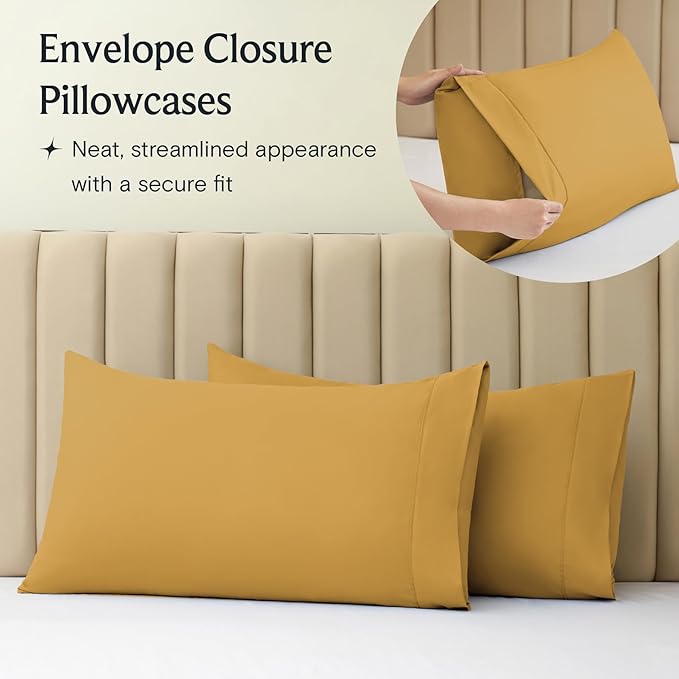 LuxClub 4 PC California King Sheet Set, Breathable Luxury Bed Sheets, Deep Pockets 18" Wrinkle Free Cooling Sheets Machine Washable Hotel Bedding Silky Soft - Medallion Gold Cal King