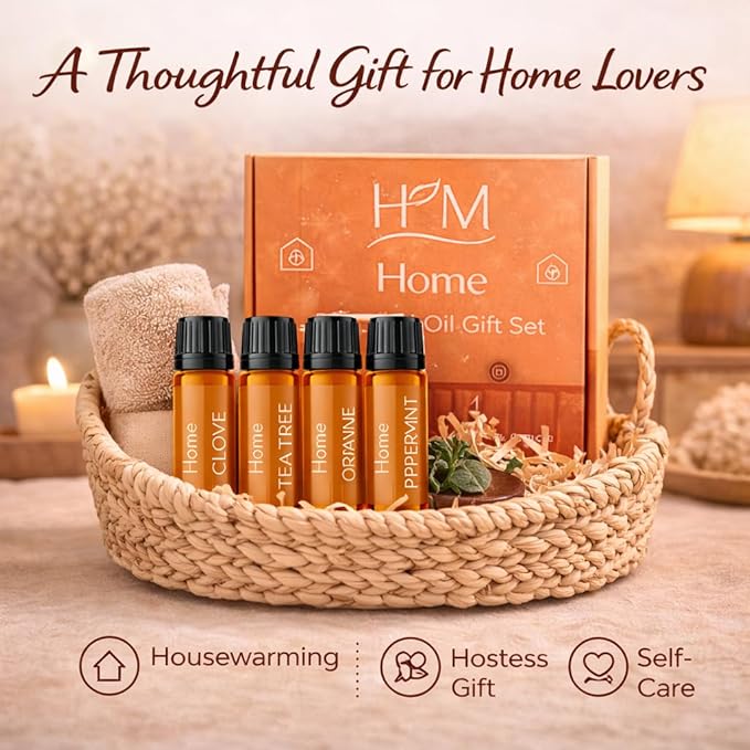 HM Home Essential Oil Gift Set, 4 Pack - Clove, Peppermint, Tea Tree & Orange - Aromatherapy Oils for Diffuser, Humidifier, Home Fragrance, Housewarming & Self Care Gifts - 10 mL Each