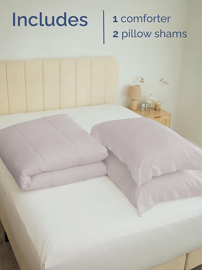 Queen Comforter Set - 3 Piece Bed Set for All Seasons - 1 Soft Quilted Comforter w/ Corner Tabs & 2 Pillow Shams - Comfy & Breathable - Premium Down Duvet Insert - Oeko-TEX - Queen Size, Light Grey