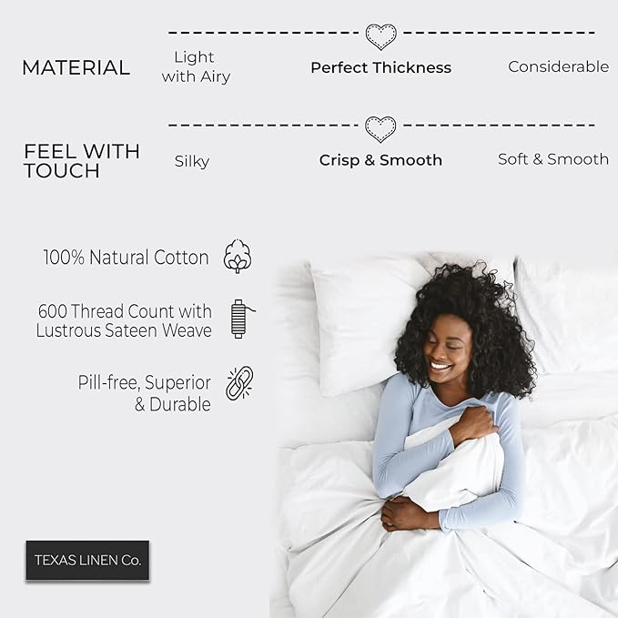 TEXAS LINEN CO. 100% Egyptian Cotton Sheets - Texan Talkin' Collection 600 Series 3 PC Twin XL Sheet Set (White), Soft, Cooling, Sateen Weave, Extra Long Staple Luxury Bedding, 16" Deep Pocket