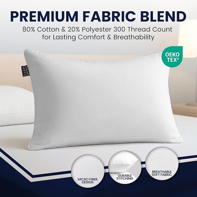 Bed Pillows for Sleeping, Set of 2 – Cooling, Hotel Quality with Soft Down Alternative Fill for Back, Stomach & Side Sleepers | White 100% Cotton Standard