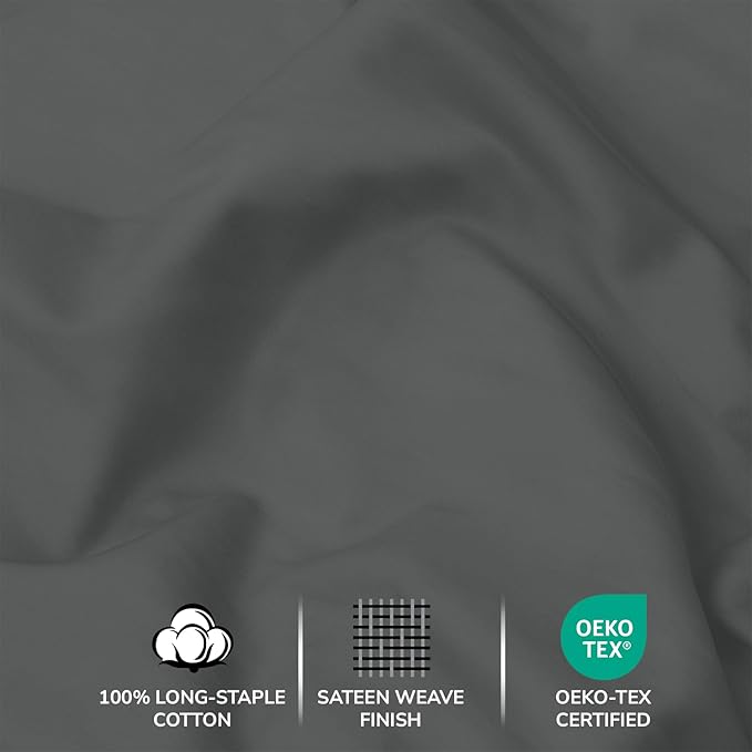 Feather & Stitch 500 TC Twin Size 3pc Damask Bed Sheet Set, 100% Soft Cotton Breathable Bedsheets, 18" Deep Pockets Sateen Weave Solid Bedding Mattress Resort Hotel Luxury Decor - (Charcoal Slate)