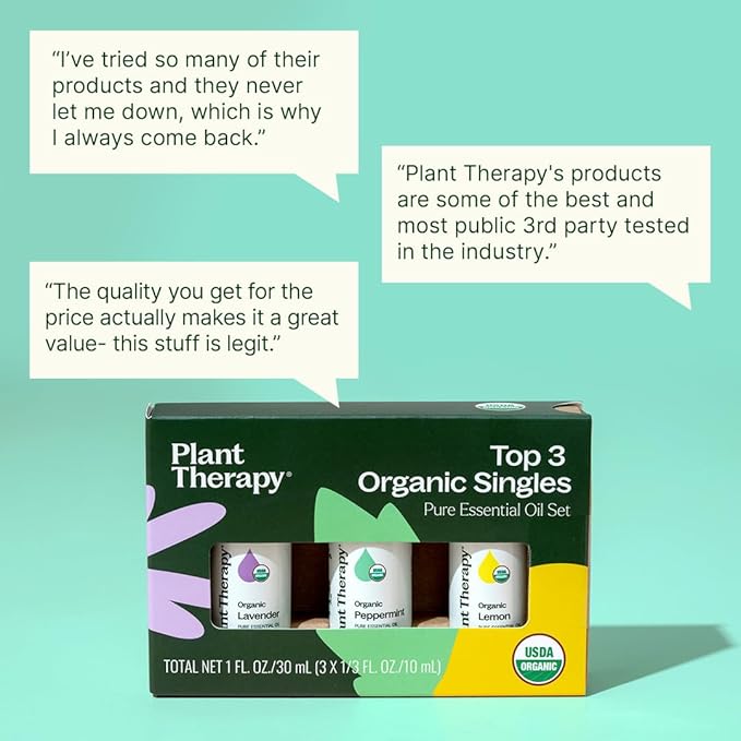 Plant Therapy Top 3 Organic Essential Oil Singles Set 10 mL (1/3 oz) Lemon, Lavender & Peppermint 100% Pure Essential Oils, Undiluted, Natural Aromatherapy for Diffusion and Body Care