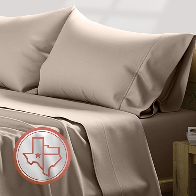 TEXAS LINEN CO. Luxury Egyptian Cotton 4 Piece Full Size Sheet Set - Texan Talkin' Collection 600 Series Deep Pocket Fitted and Flat Sheets, Cooling Extra Long Staple Sateen Hotel Bedding - Taupe