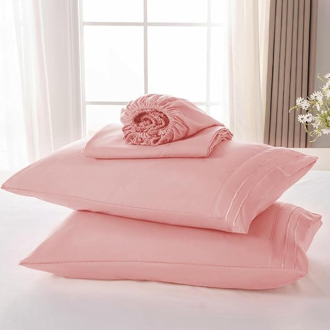ROSE&RISY Pink King Sheet Set, 4 Pieces Soft Bedding King Sheet Set, Breathable and Cooling Sheet Bed Set,Includes 1 Fitted, 1 Flat, 2 Pillow Cases - Deep Pocket (Pink, King Size)