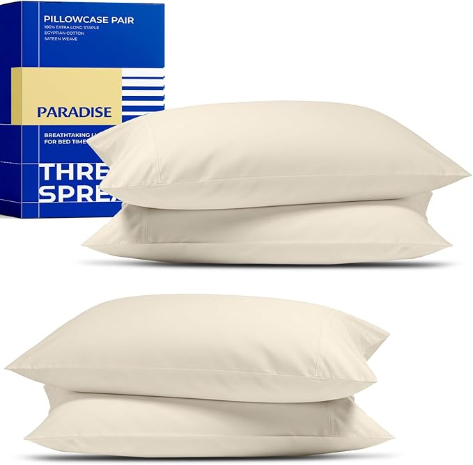 Thread Spread 100% Egyptian Cotton Pillow Cases Queen Size Set of 4 - Luxury 1000 Series Paradise Collection Queen Pillow Cases (Pack of 2, Ivory), Soft Cooling Hotel Egyptian Cotton Pillowcases