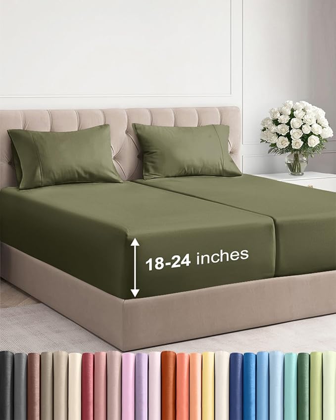 Extra Deep Split King Sheet Set - 5 Piece Breathable & Cooling Bed Sheets - Easily Fits 18 to 24 inch Mattress - Soft, Wrinkle & Fade Free with Extra Deep Pockets - Hotel Luxury Bedding - Sage Green