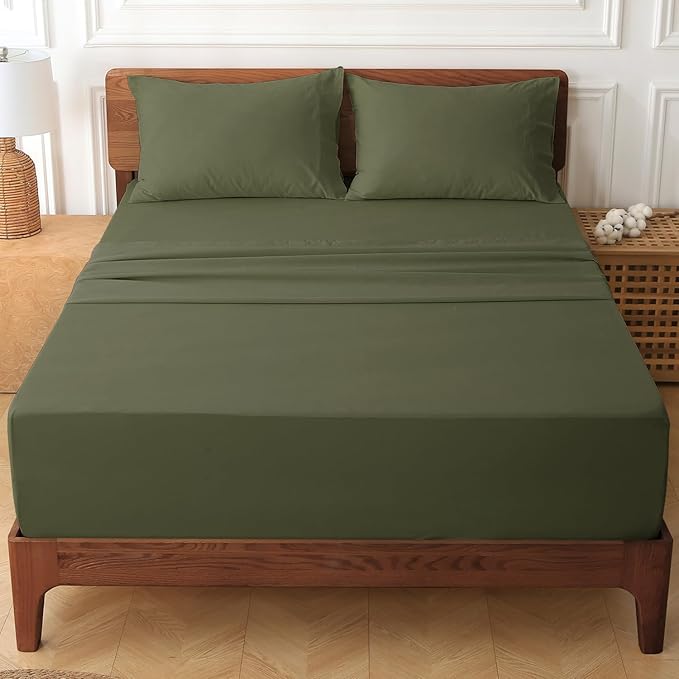 HYPREST Deep Pocket Queen Sheet Sets Fits 18"-24" in Deep Mattress -100% Cotton Queen Sheet Set,Green Hotel Luxury Soft Wrinkle Free Cooling Sheet Sets for Queen Bed