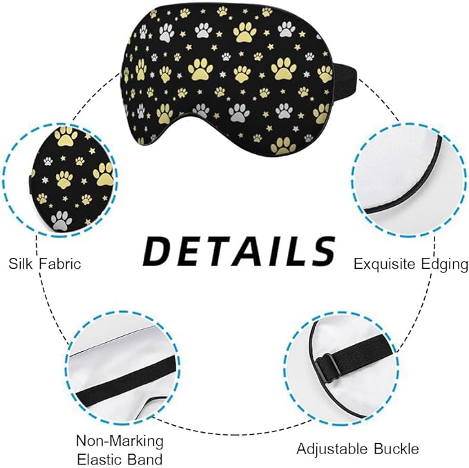Dog Paw Sleep Eye Mask Eye Cover Gold Animal Paw Print Star Black Silk Eye Mask for Sleeping with Adjustable Strap for Travel Nap Shift Work Office