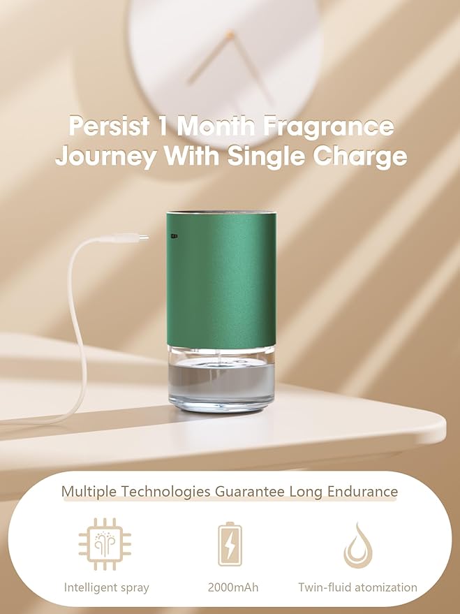 Waterless Oil Diffuser for Home, Car, Office - Rechargeable Scent & Essential Oil Diffuser, 4 Mist Modes and 1/2/4/6 Hour Timer, Portable Cordless Aromatherapy, Spill-Proof Metal Design - Green