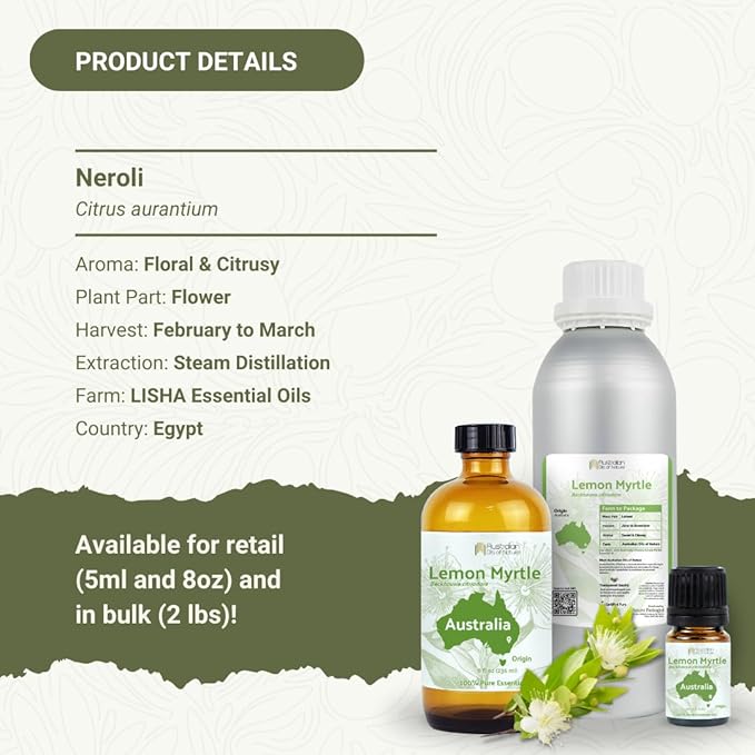 Neroli Essential Oil - Direct from Egyptian Nile Delta Farms - Steam Distilled - Aceite Azahar for Aromatherapy, Massage, Diffuser, DIY Candle and Soap Making - 8oz