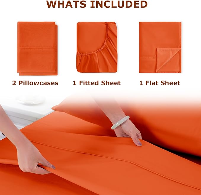 Full Size Terracotta Bed Sheet Set - 4 Piece Soft Microfiber Sheets with Deep Pockets, Cooling Technology, and Wrinkle-Free Pillowcase. Hotel-Quality, Durable Bedding, Bright Orange