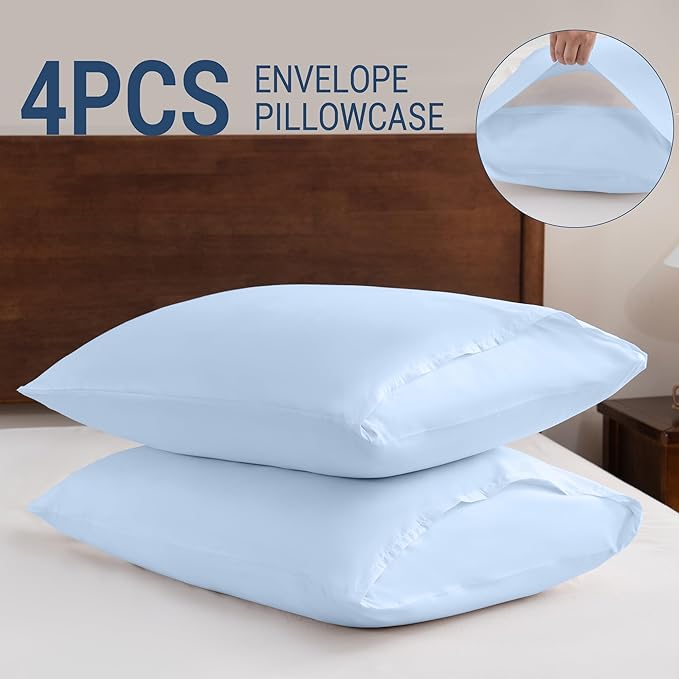 Pillowcases King 4 Pack, 20x36 Pillow Cases with Envelope Closure, Soft Plain Brushed Microfiber Covers Breathable Wrinkle-Resistant, Light Blue