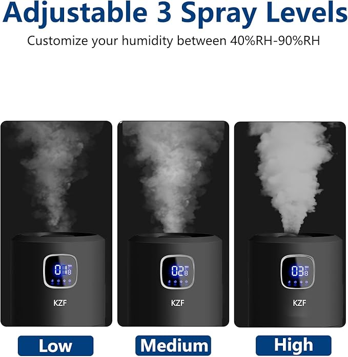 KZF 9L/2.5Gal Large Humidifiers for Bedroom, Ultrasonic Cool Mist Top Fill Humidifier with 350ML/H Large Mist Speed, Quiet Humidifier for Baby Home Plant Yoga Sleep Office (Round Black 9L)