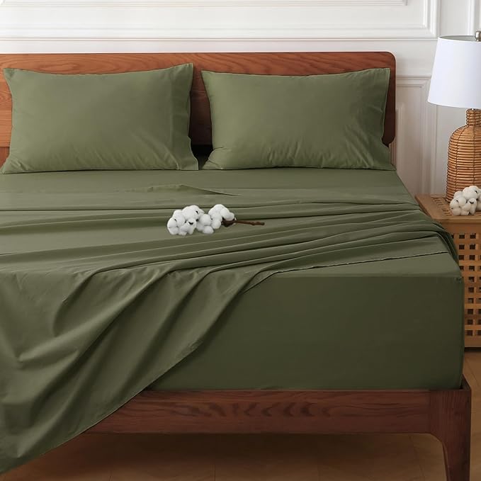 HYPREST Deep Pocket Queen Sheet Sets Fits 18"-24" in Deep Mattress -100% Cotton Queen Sheet Set,Green Hotel Luxury Soft Wrinkle Free Cooling Sheet Sets for Queen Bed