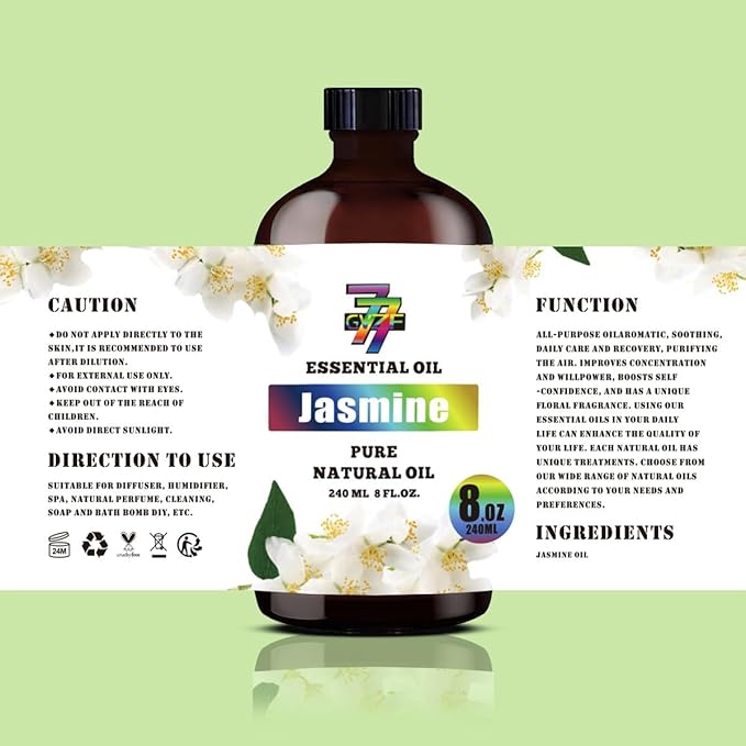 Jasmine Essential Oil - Jasmine Oils for Diffusers, Humidifiers, DIY Candles, Soap, Cleaning, Home, Office, Yoga, Massage, Gifts - 8 fl oz (240 ml) - GV77ZF