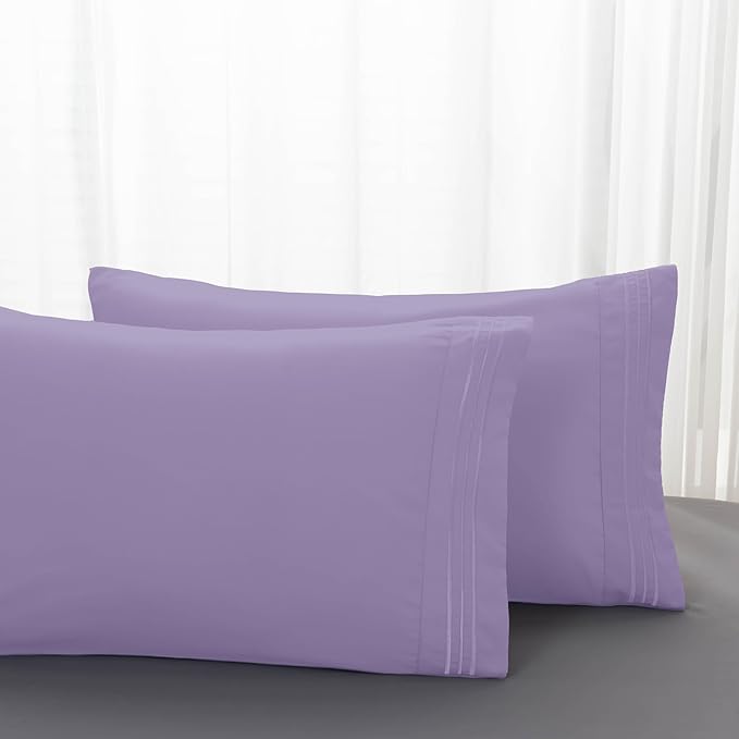 Mocassi 2-Piece Premium King Pillowcase Set 1800 Series Hotel Quality Microfiber - Soft and Breathable with 3-Line Embroidery Wrinkle and Stain Resistant, Easy Care, 20" x 40", Lavender