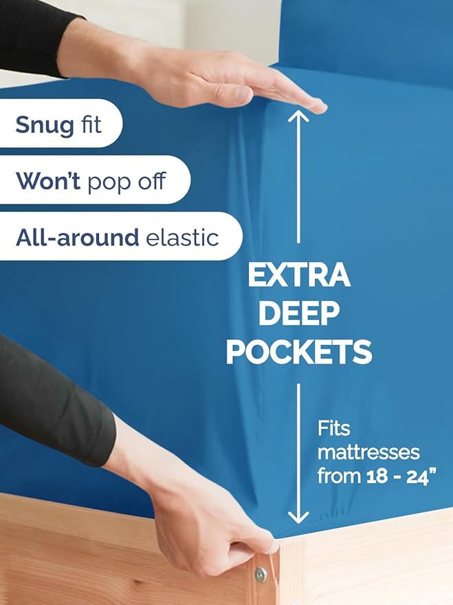 Extra Deep King Sheet Set - 4 Piece Breathable & Cooling Bed Sheets - Easily Fits 18 to 24 inch Mattress - Ultra Soft, Wrinkle & Fade Free with Extra Deep Pockets - Hotel Luxury Bedding - Denim Blue