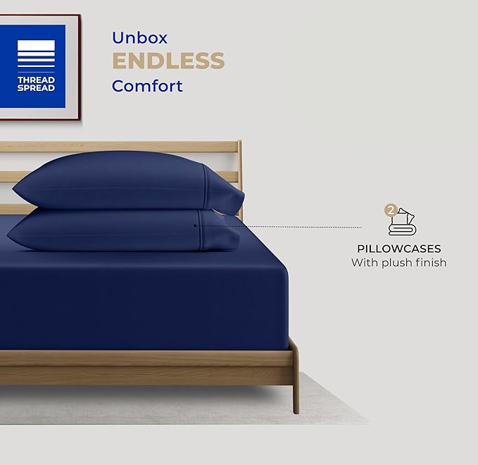Thread Spread 100% Cotton King Size Pillow Cases Set of 2 - Luxury 400 Series Glee Collection Pillow Cases King Size (Navy Blue), Soft Cooling Breathable & Durable Sateen Hotel Cotton Pillowcases