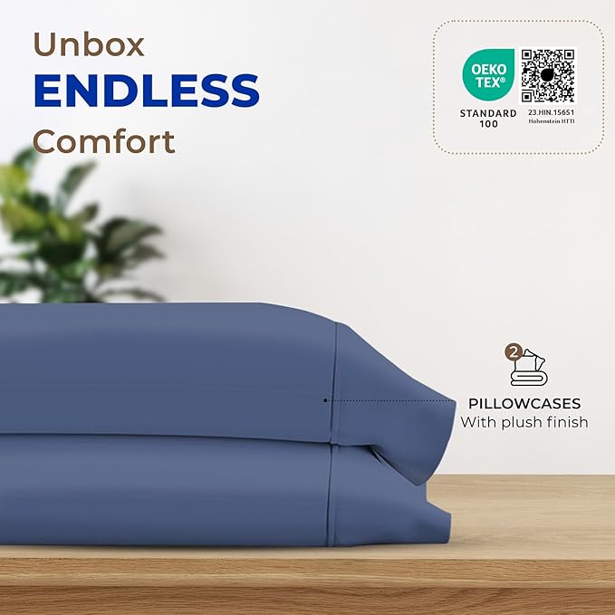 THREAD SPREAD 100% Egyptian Cotton Pillow Cases Queen Size Set of 2 Luxury 1000 Series Paradise Collection Queen Pillow Cases (Deep Blue) Soft Cooling Sateen Hotel Quality Egyptian Cotton Pillowcases