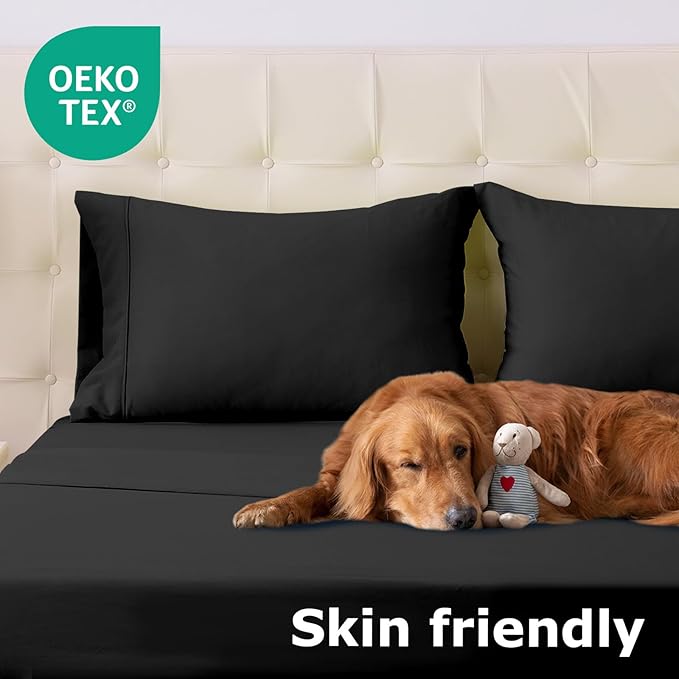 California King Size Bed Sheet Set - 4 Piece Soft Microfiber Sheets with Deep Pockets, Cooling Technology, and Wrinkle-Free Pillowcase. Hotel-Quality, Durable Bedding, Black