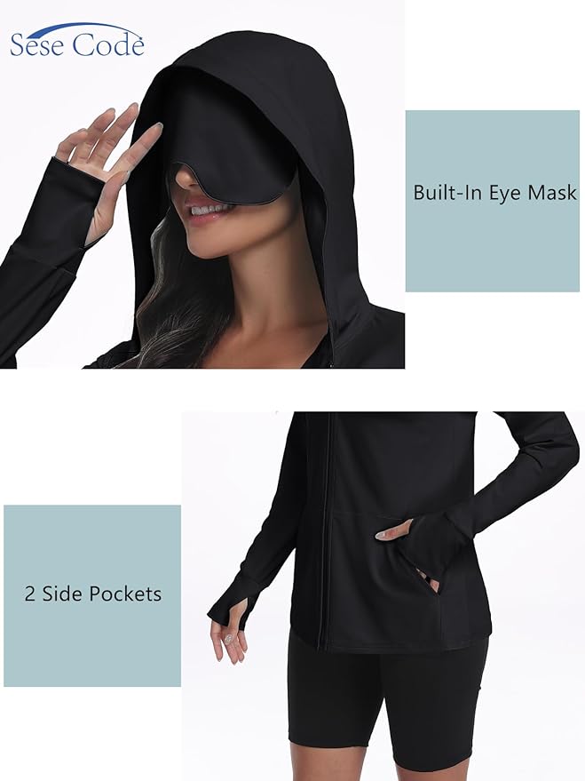 SeSe Code UPF 50+ Hoodie With Eye Mask Womens Zip Up Travel Jackets Sleep Sun Protection Shirts Pockets Outdoor Nap