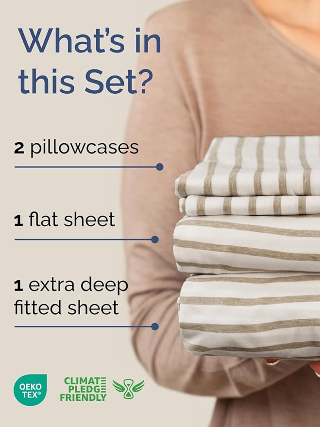 Extra Deep King Sheet Set - 4 Piece Breathable & Cooling Bed Sheets - Easily Fits 18 - 24 inch Mattress - Ultra Soft, Wrinkle & Fade Free w/ Extra Deep Pockets - Hotel Luxury Bedding - Beige Stripes 2
