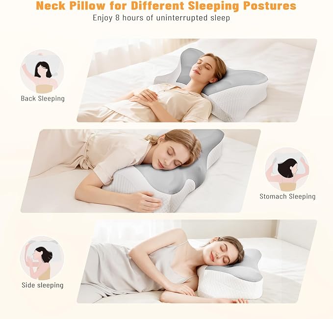 Cervical Neck Pillow, Memory Foam Pillow for Neck Pain Relief, Ergonomic Bed Pillow with Neck Support for Side, Back & Stomach Sleepers, Queen Size, Grey