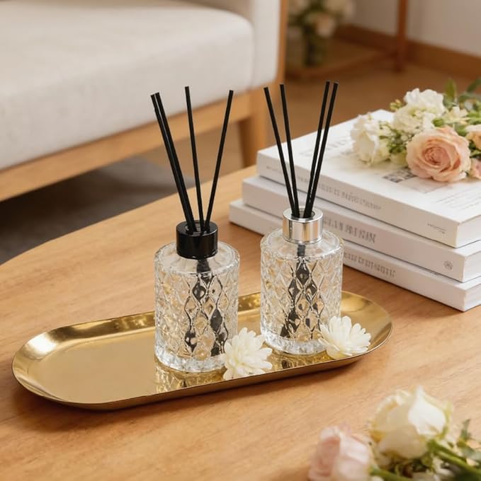 8 Pcs Empty Reed Diffuser Bottle Set, Small Glass Vases with 40Pcs Reed Diffuser Sticks, Refillable Flower Bud Vases for Essential Oil DIY, Home Fragrance, Bulk (Silver & Black)