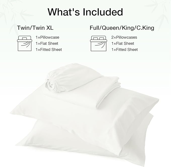 Love's cabin 3 Piece Twin XL Sheet Set, 100% Rayon Derived from Bamboo, Cooling & Breathable, Soft Silky Deep Pocket up to 16", Hotel Luxury Bedding for Hot Sleepers, White