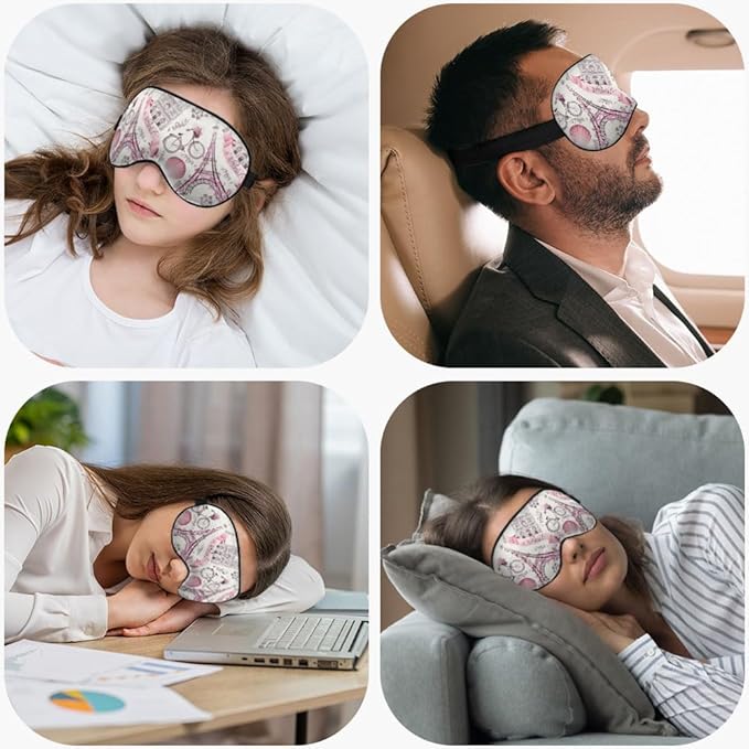 Paris Symbols Sleep Mask Eye Mask Romantic Trip Balloon Bike Pink Sleep Mask Light Blocking Adjustable Smooth Soft Eye Masks for Women Deep Rest Travel